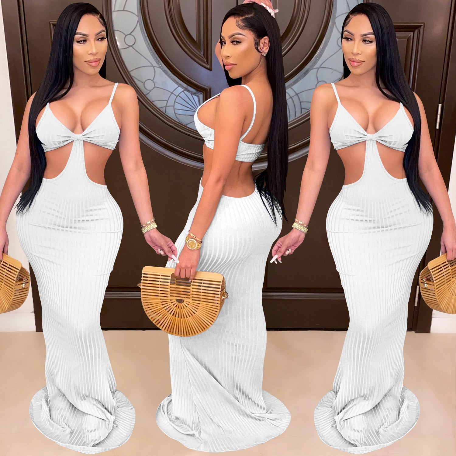 Sexy Knitted Strap Solid Color Dress for Women