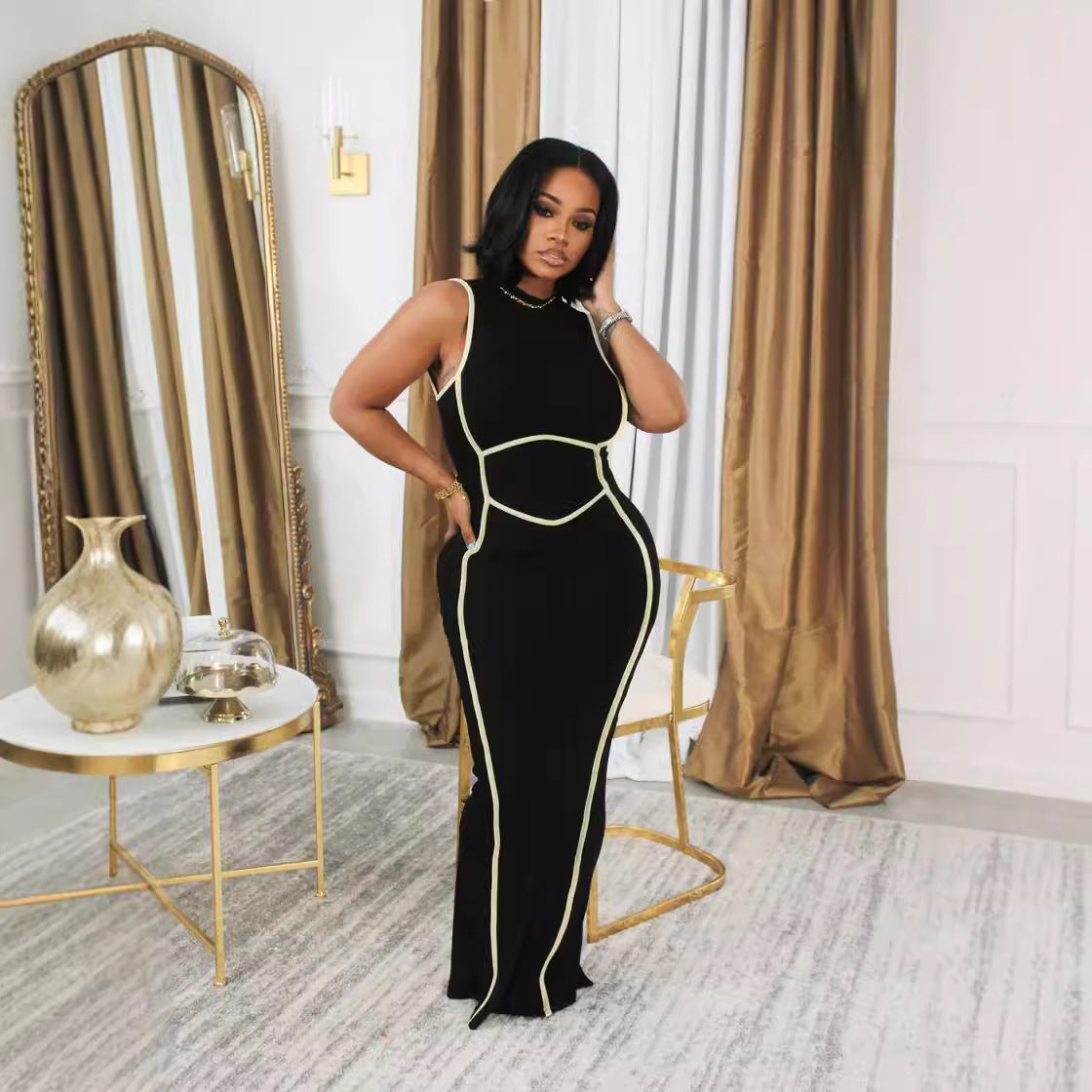 Casual Ribbed Patchwork Sleeveless Slim Long Dress 7