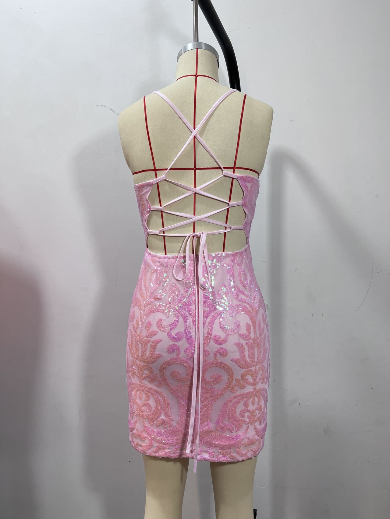 Spring And Summer Fashion Sexy Strap Sequin Pink Short Dress 6