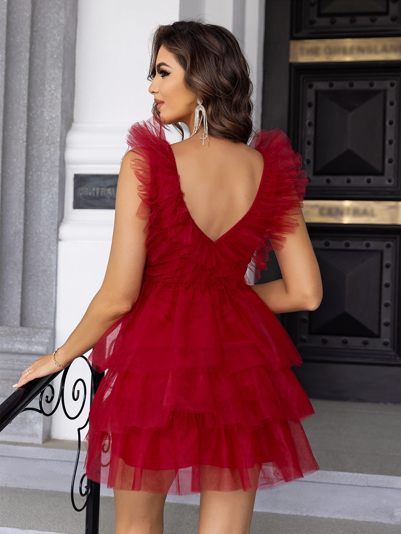 Summer Women Mesh Suspender V-neck Cascading Ruffles Dress 3