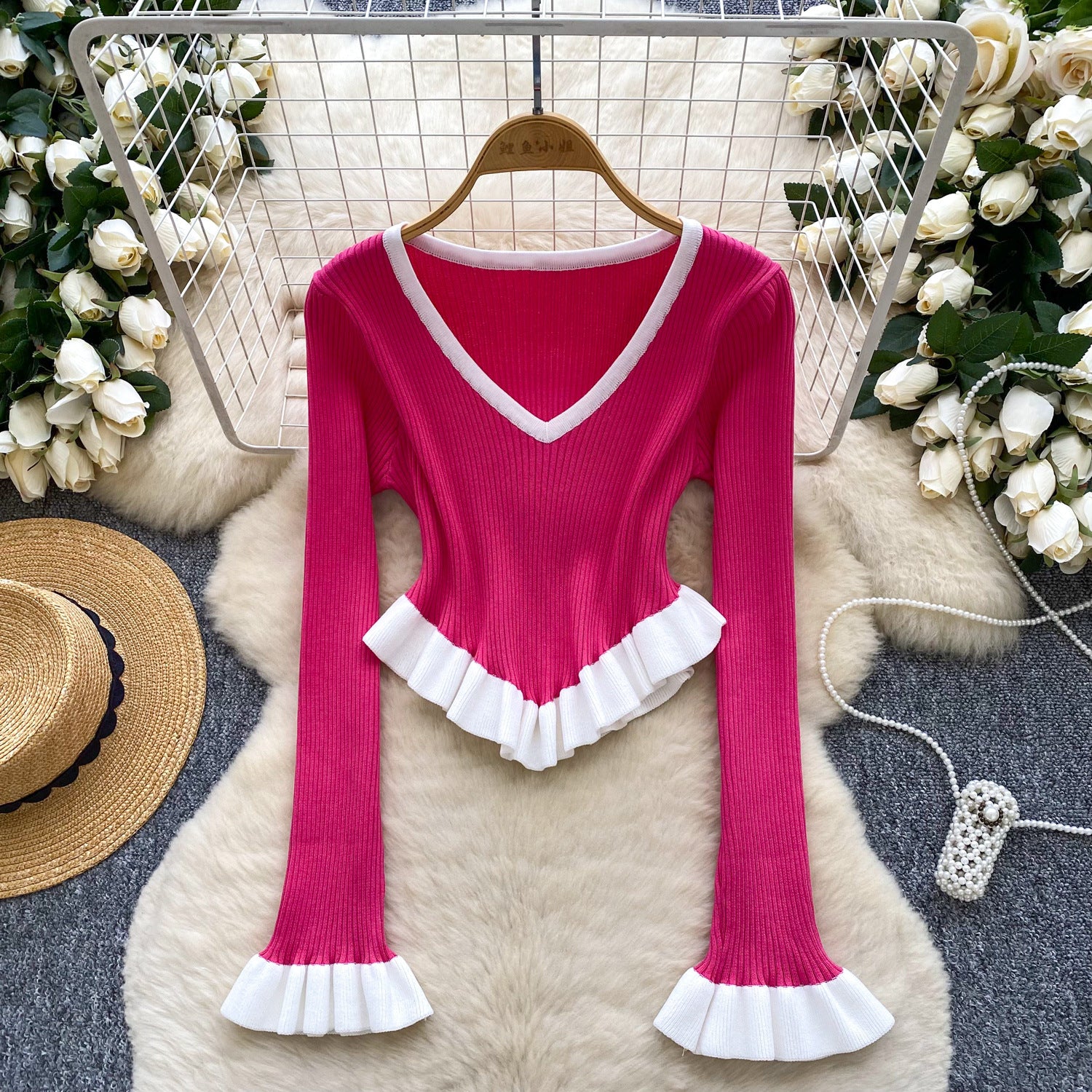 Women contrasting striped knitting autumn ruffled bell bottom sleeve top 6