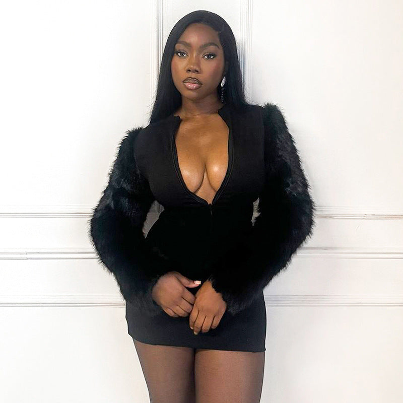 Women Autumn Zipper Neck Long-Sleeved Fur Paneled Sexy Bodycon Dress