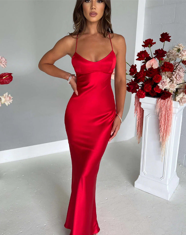 Women Sexy Suspender Satin Backless Lace-Up Dress 7