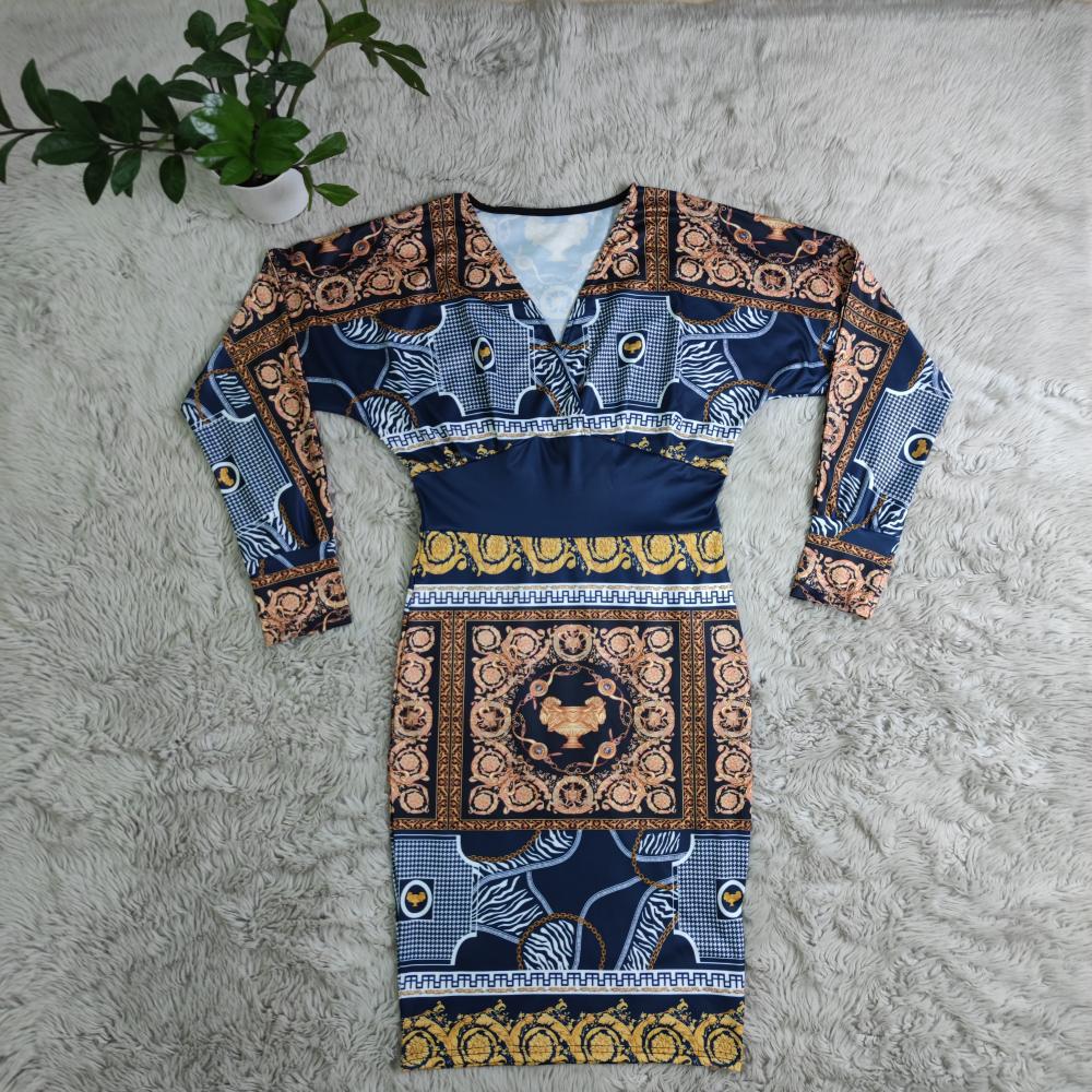 Women's Fall Slim Waist Printed Deep V Sexy Dress 6