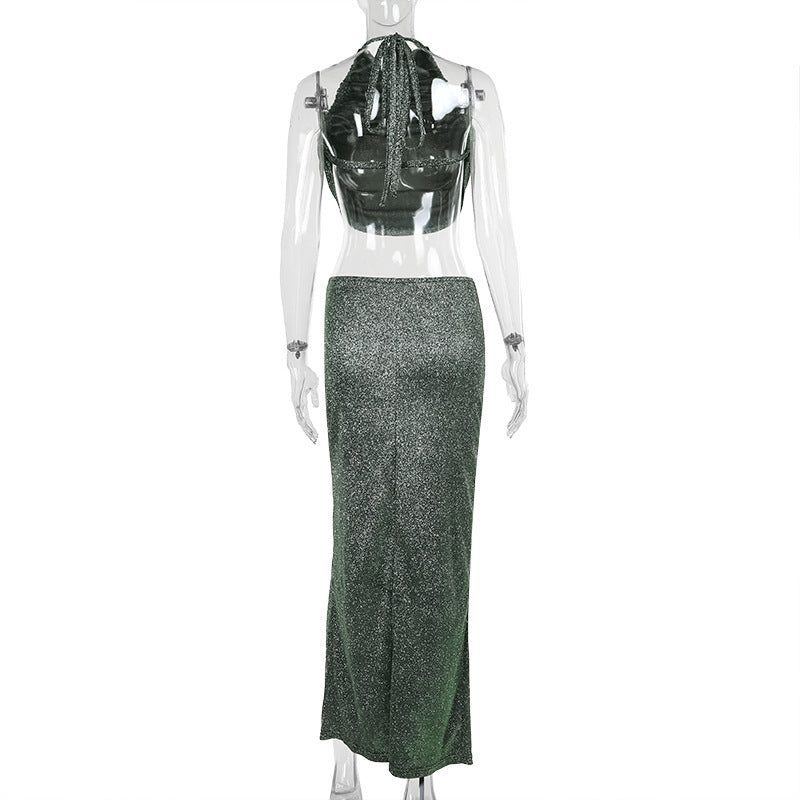 Sexy Halter Backless Top High Waist Bodycon Long Skirt Fashion Women Two Piece Set 7