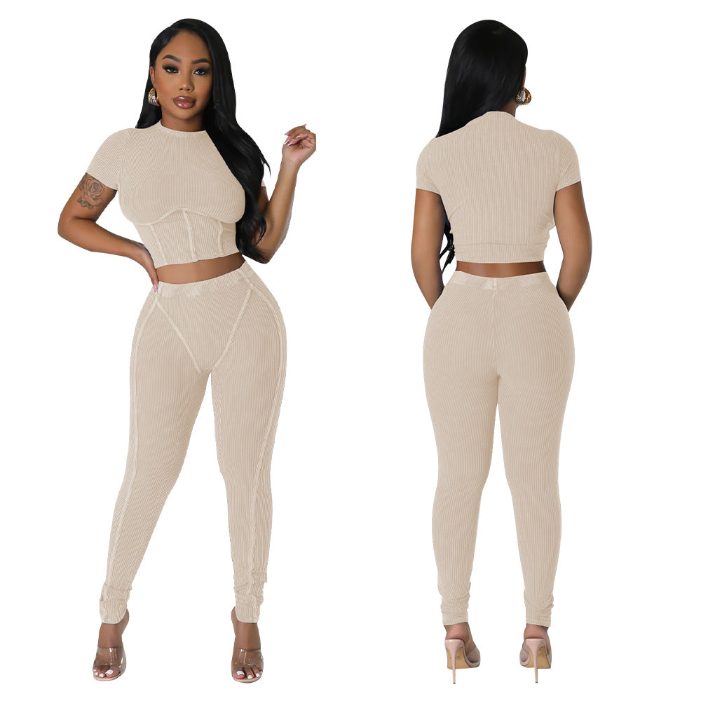 Solid Round Neck Tight Fitting Sexy Women's Sport Two Piece Pants Set 6