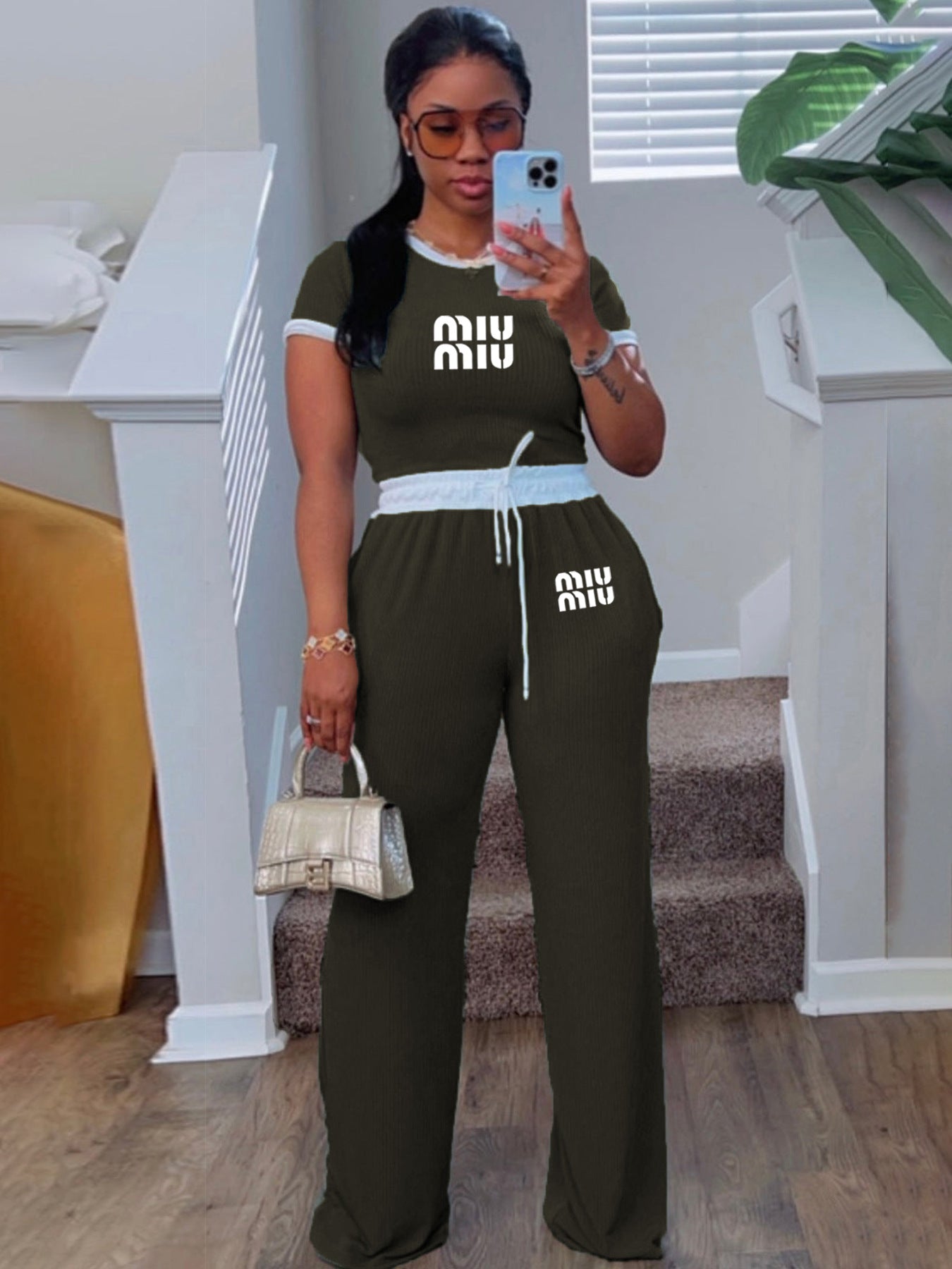 Women casual street contrast color printing Round Neck short-sleeved Top and Pant two-piece set 12