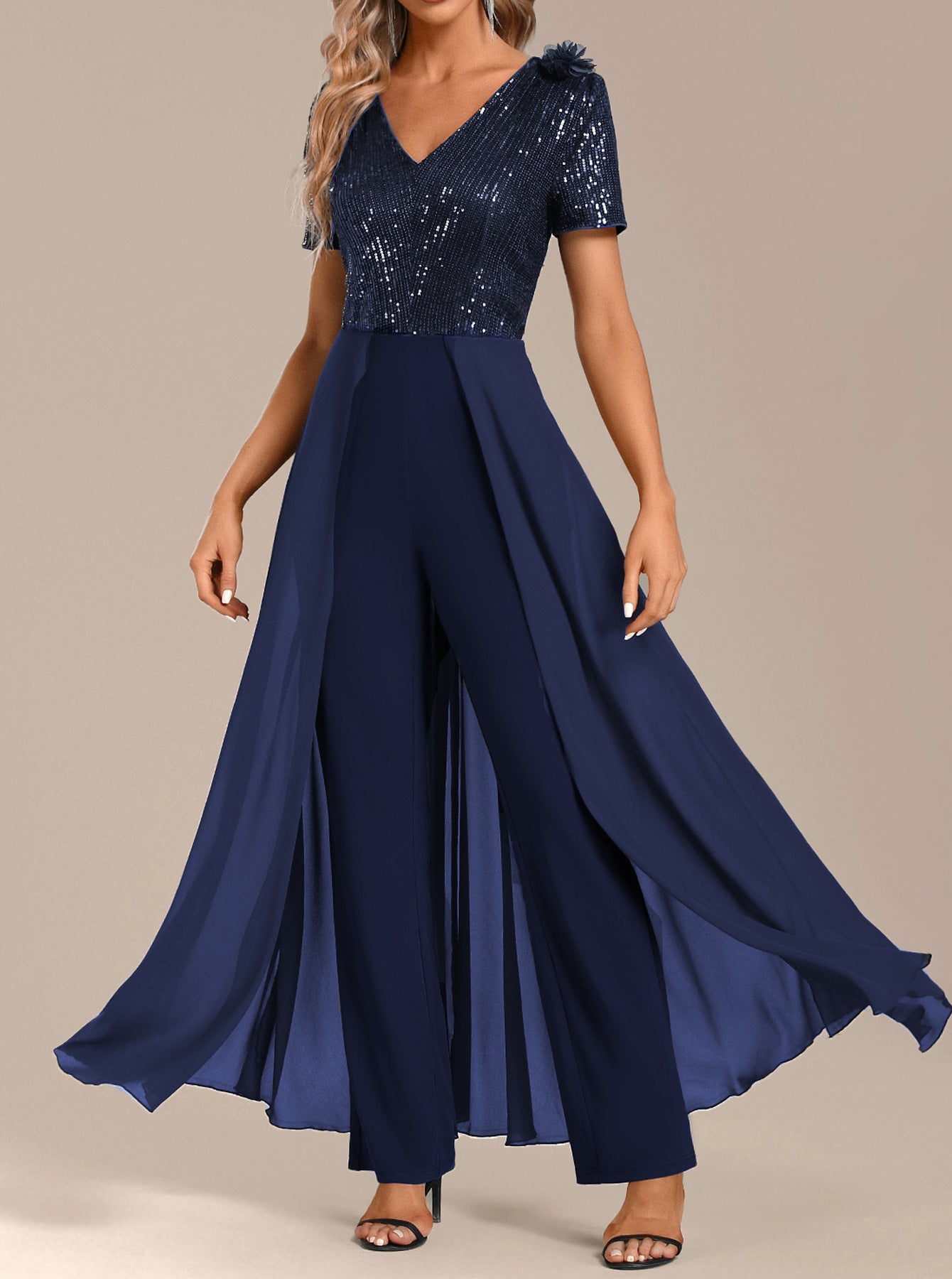 Women Solid Chiffon Sequin Patchwork Jumpsuit 3