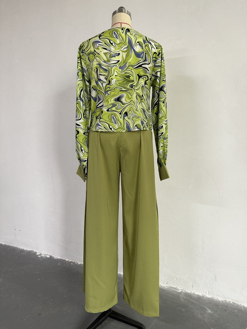 Women Autumn Printed Balloon Sleeve Shirt and Wide-leg Pants Casual Two-piece Set 13