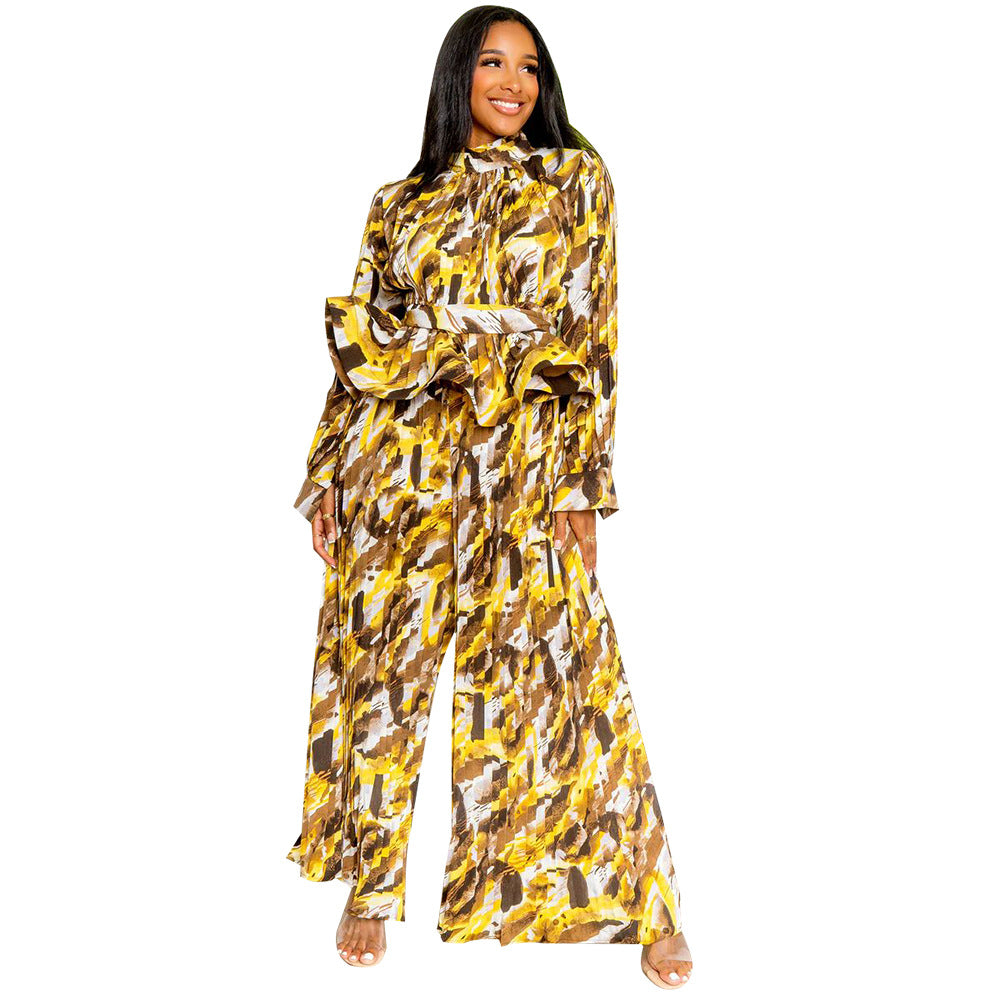 Women Lantern Long Sleeve Top and Wide Leg Pants Printed Casual Two-piece Set 10