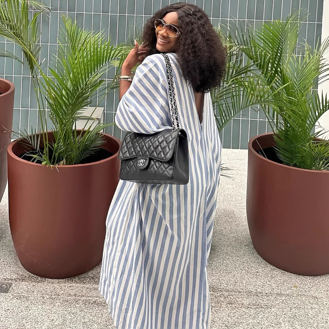 Plus-size African Women V-neck striped maxi dress 3