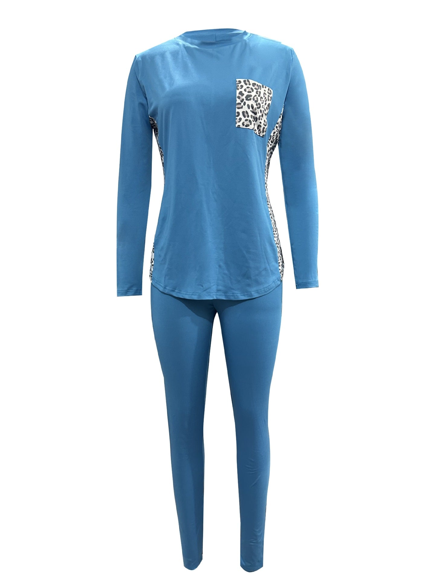 Women Leopard Patchwork Casual Round Neck Top and Pants Two-piece Set 15