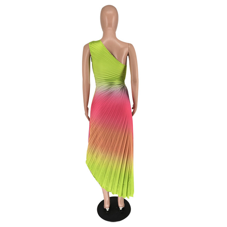 Women's Fashion Gradient Printed One Shoulder Pleated Maxi Dress 16