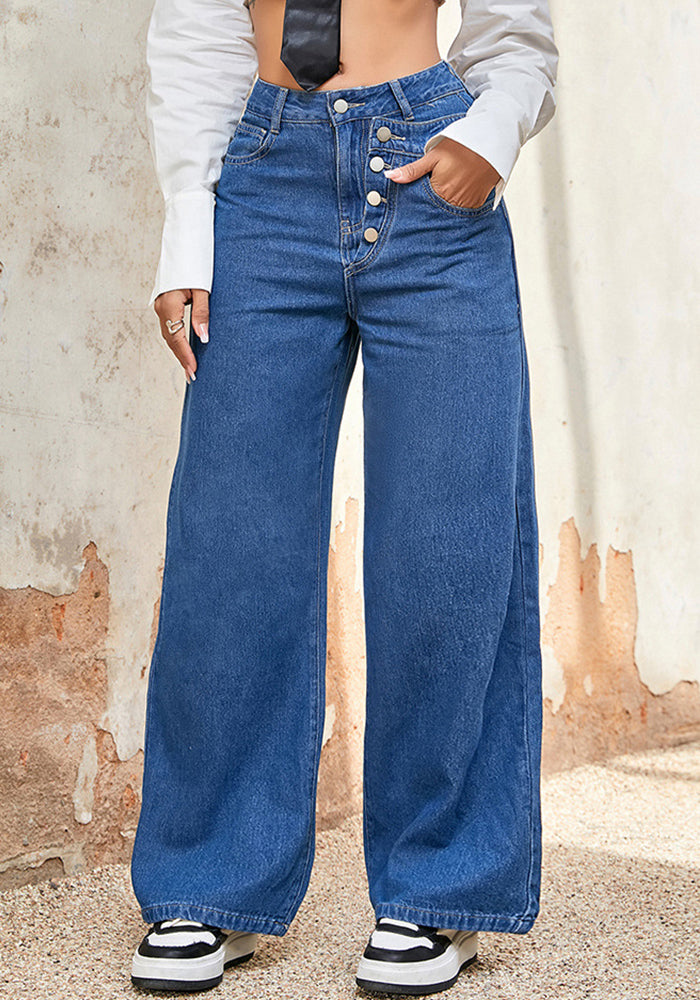 Autumn Loose Straight Leg High Waist Denim Pants Single Breasted Wide Leg Trousers