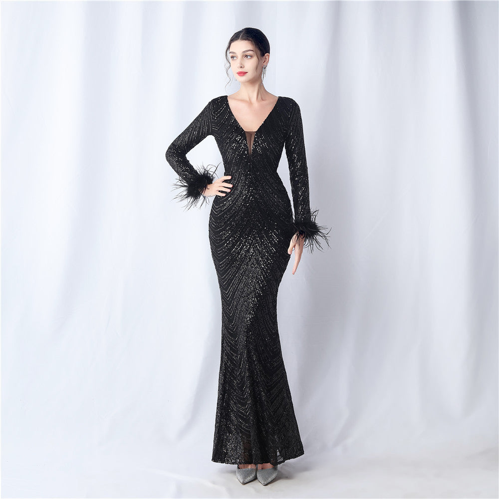 Sequins Feather Long-Sleeved Evening Dress 3