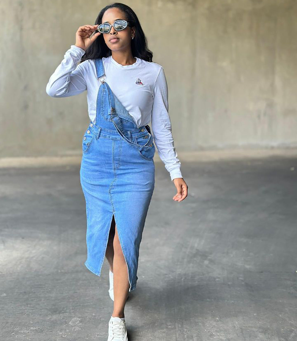 Women Street Pocket Slit Denim Suspender Skirt 7