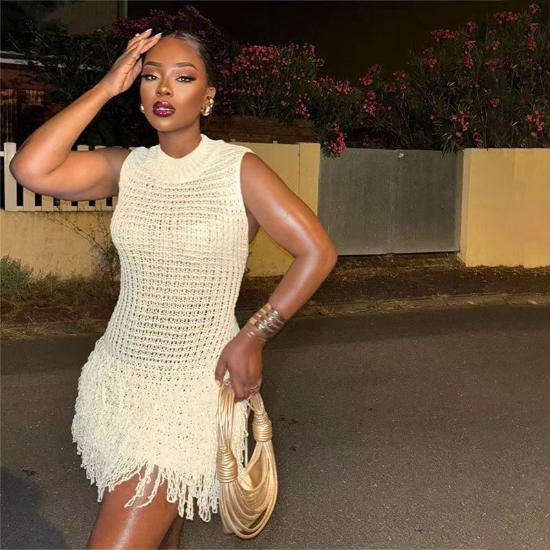 Women Summer Sexy Sleeveless Tassel Hollow Elegant Patchwork Dress 9