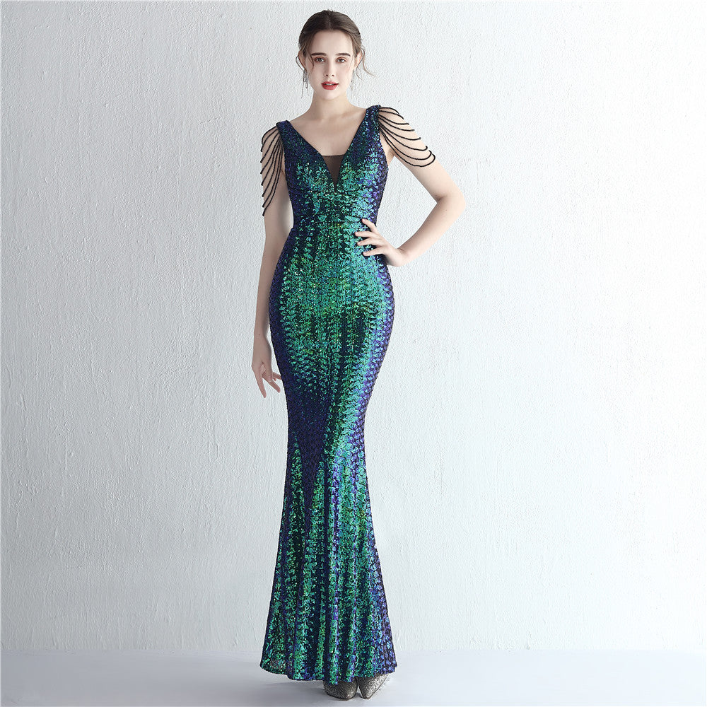 Women Beaded Iridescent Strapless Evening Dress 18
