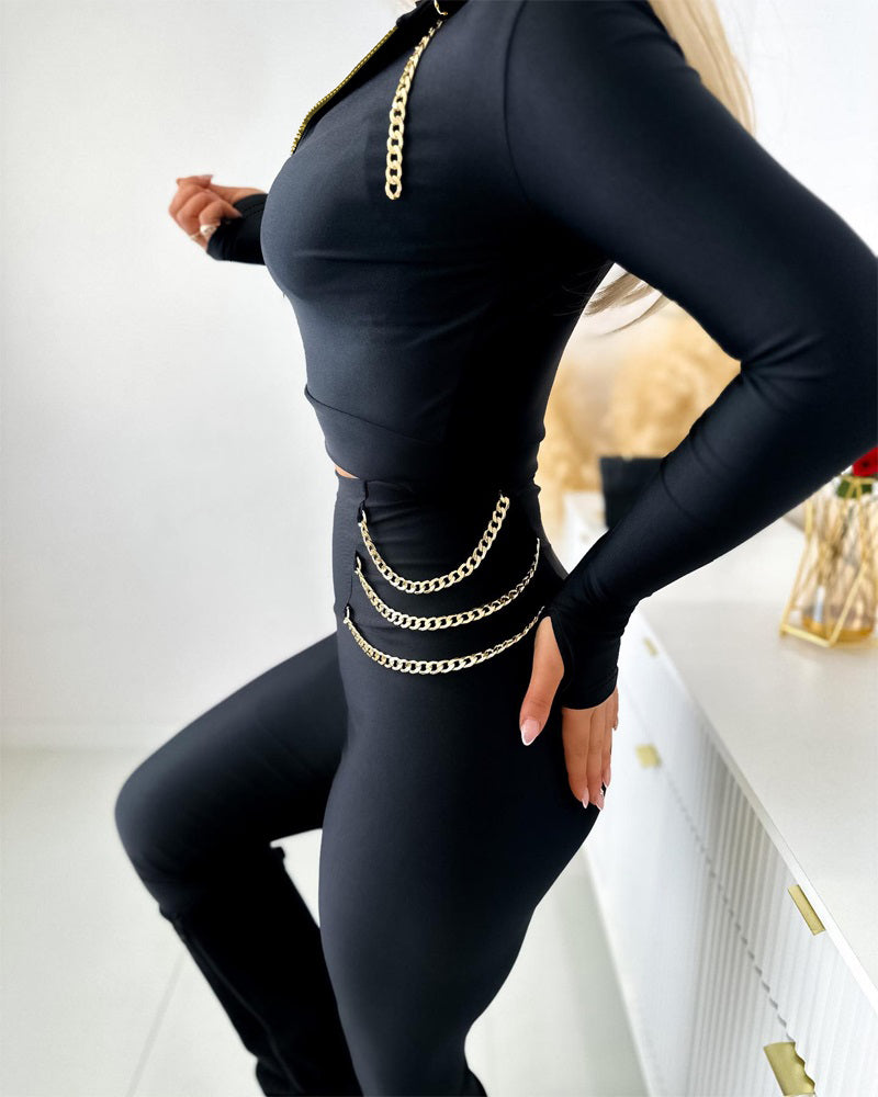Women Chain Long Sleeve Top And Pants Two Piece Set 4