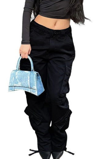 Women's Street Style Multi-Pocket Belt Casual Cargo Denim Pants For Women 10