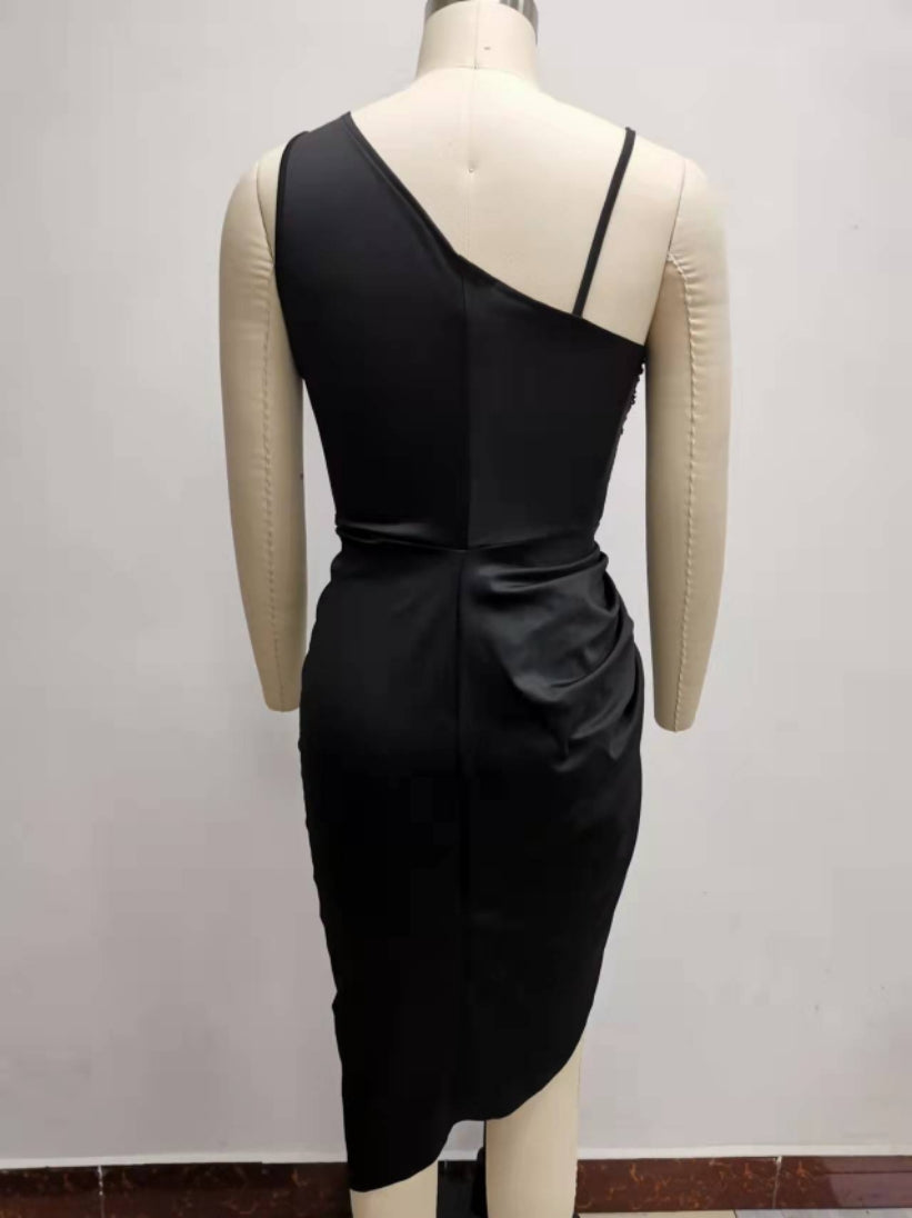 Women's Solid Sexy Sequin Slit Maxi Pleated One-Shoulder Evening Dress 27