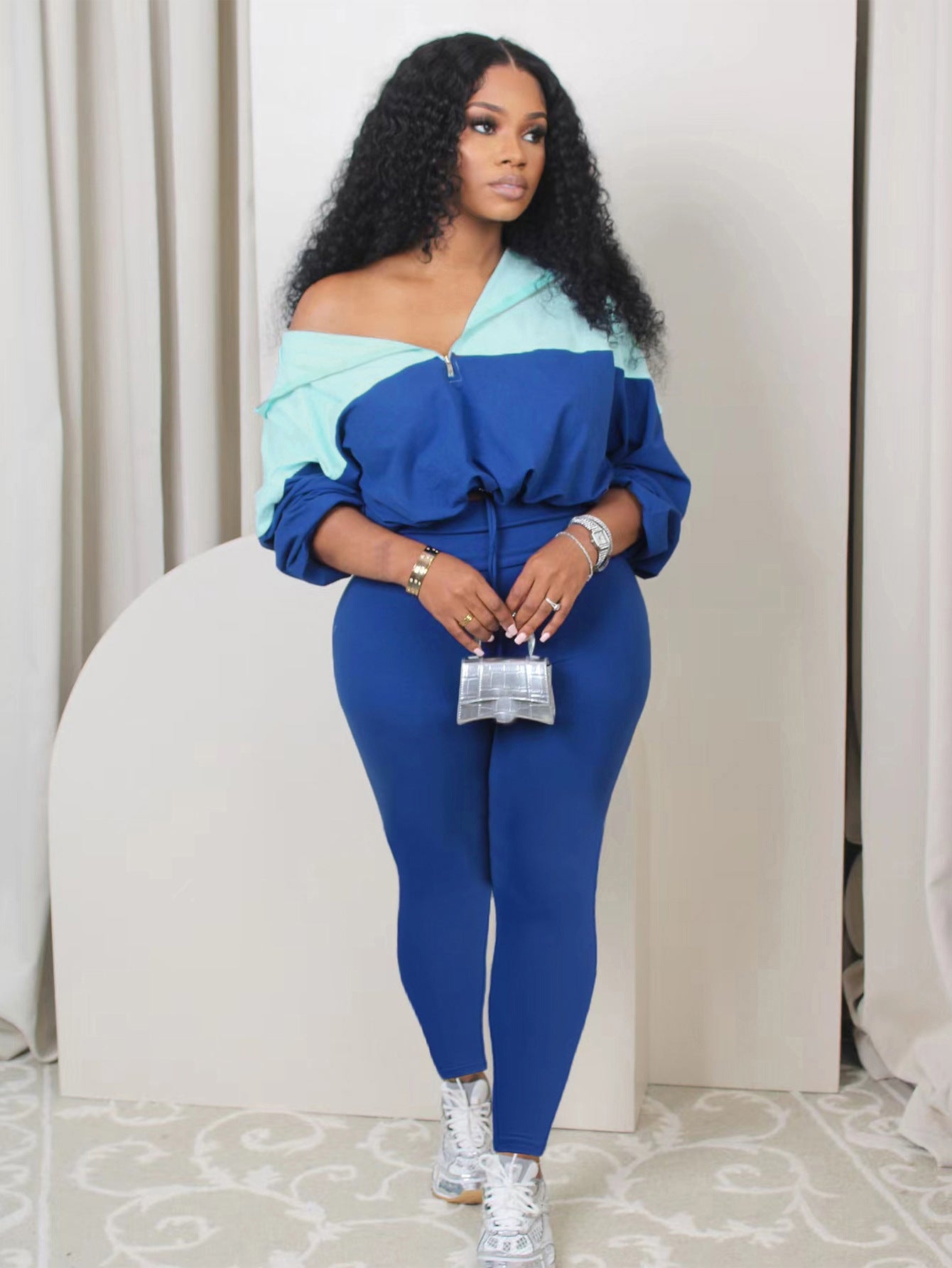 Women Casual Long Sleeve Patchwork Hooded Top and Pants 2-Piece Set