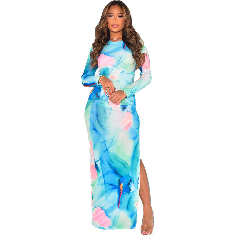 Women Fall Print Long Sleeve Round Neck Dress 11