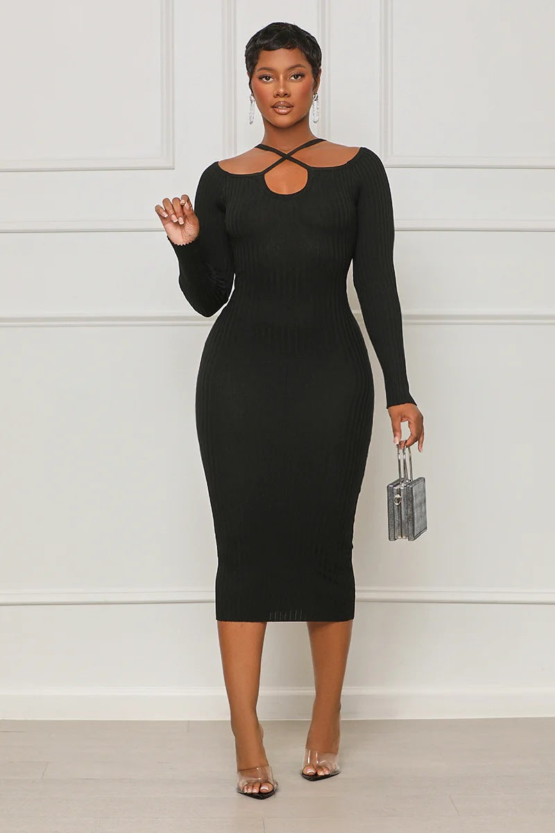 Autumn And Winter Long-Sleeved Chic Slim Sexy Halter Neck Knitting Bodycon Women's Dress 5