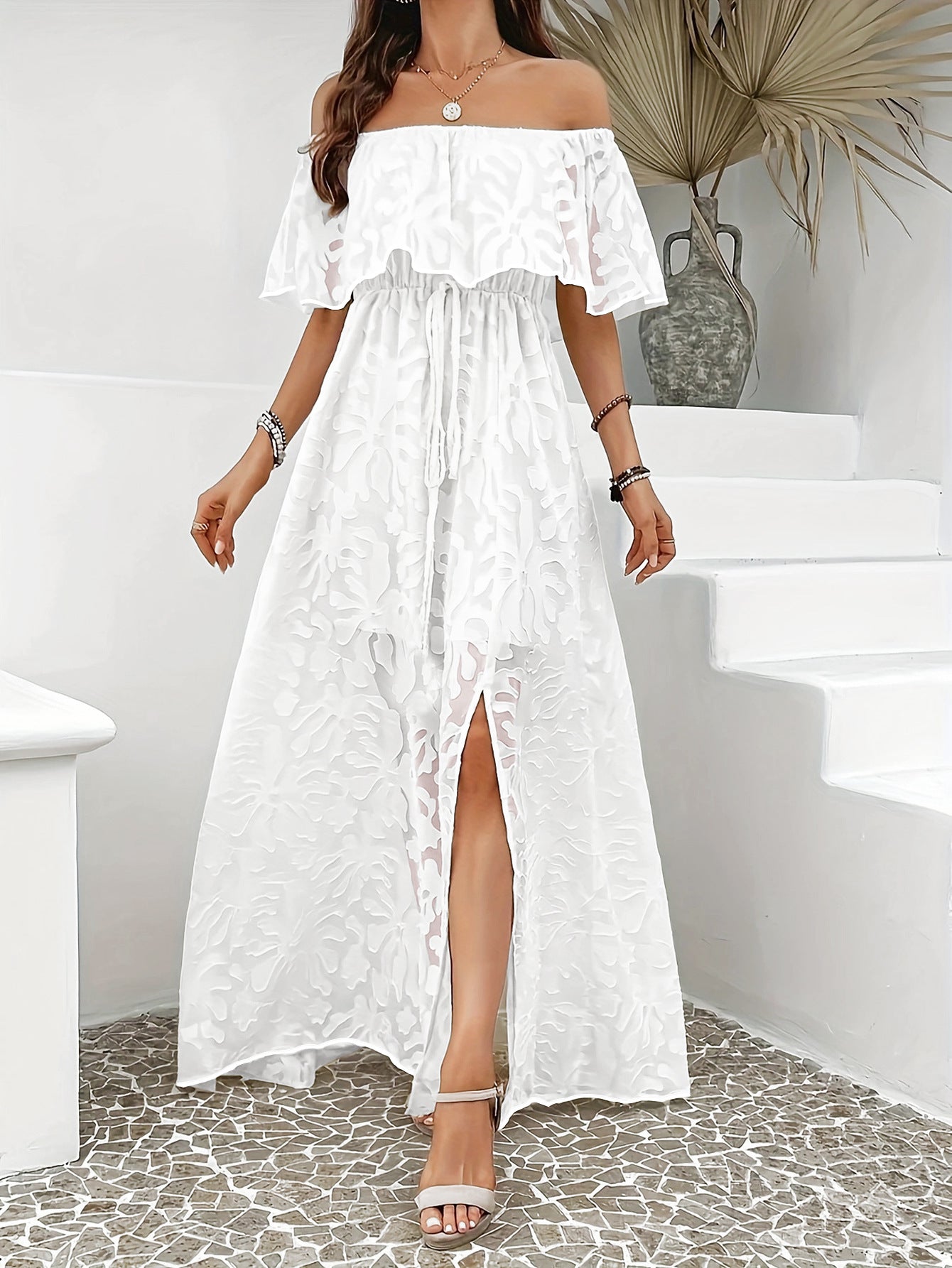 Elegant & Fashionable Off-Shoulder Jacquard Slit Maxi Dress 3