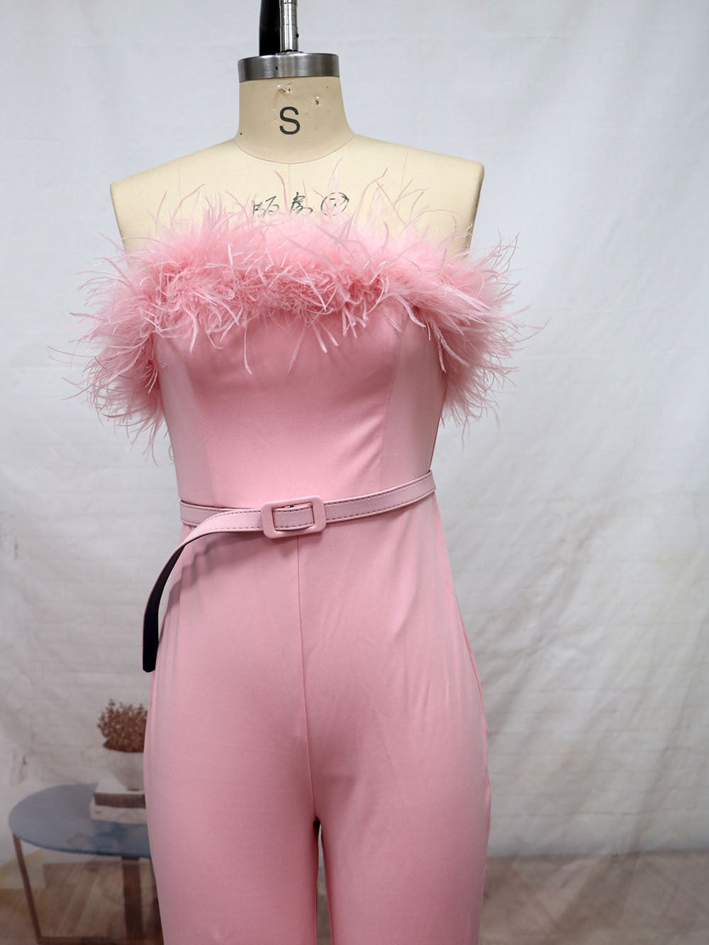 Women's Strapless Fur Belted Slim Jumpsuit 6