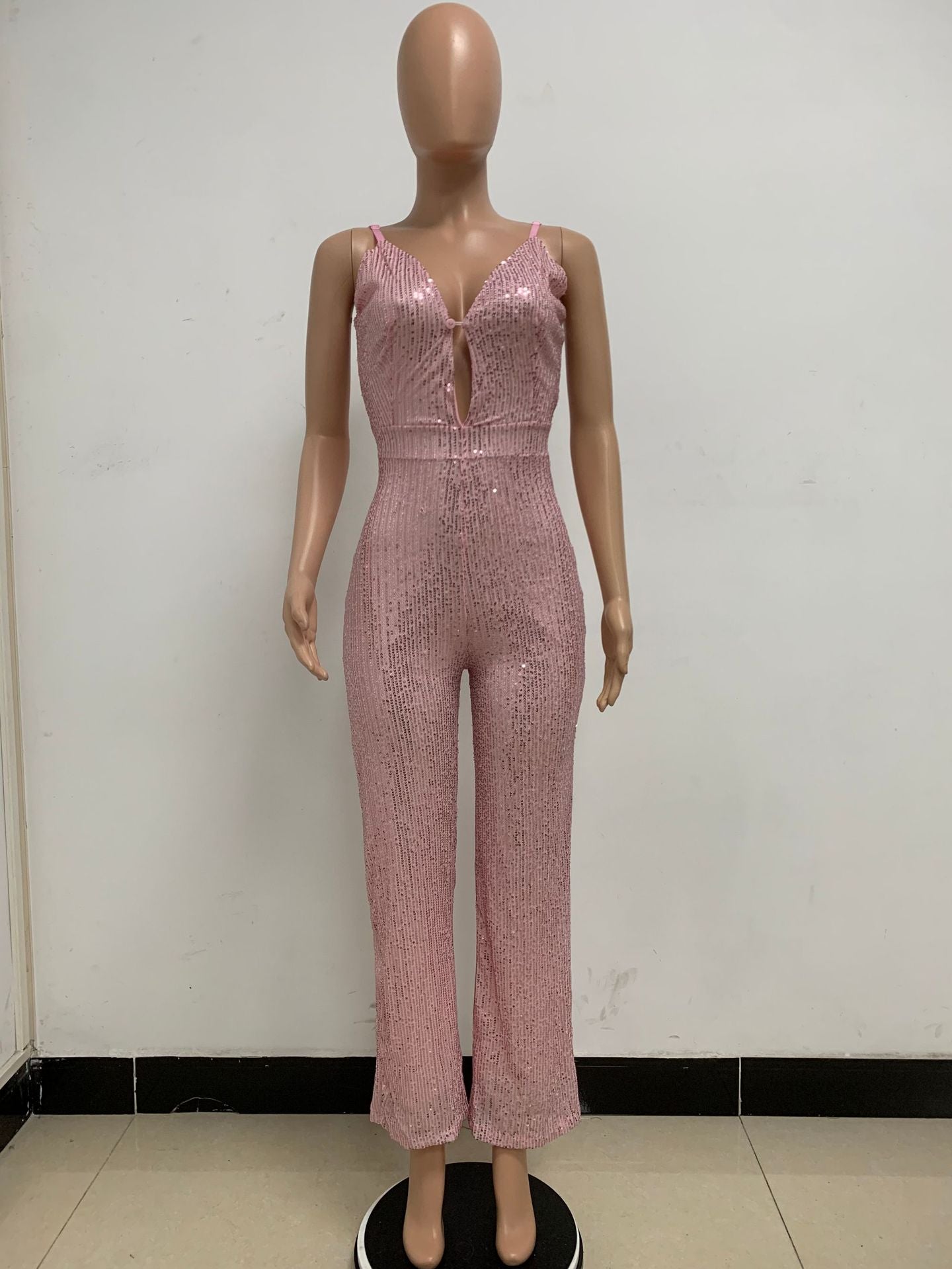 Deep V Neck Low Back Sleeveless Chic Sequined Straps Elegant Women's Party Jumpsuit 61