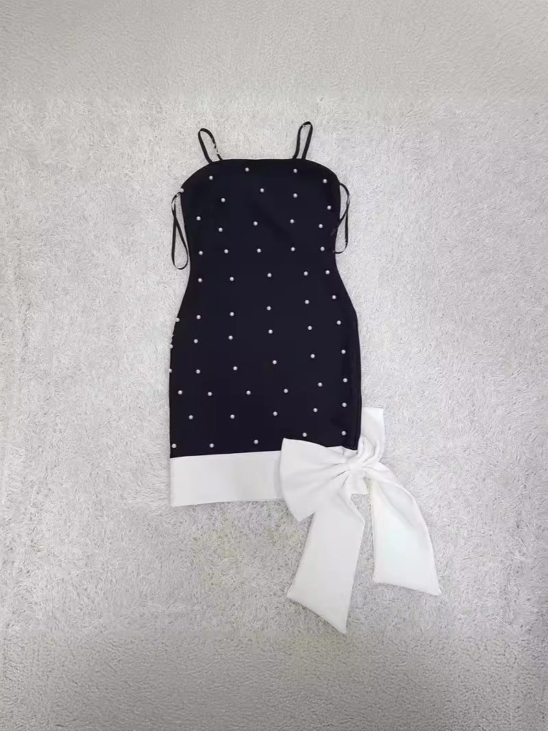Women Sexy Strap Beaded White Bow Bandage Dress 5