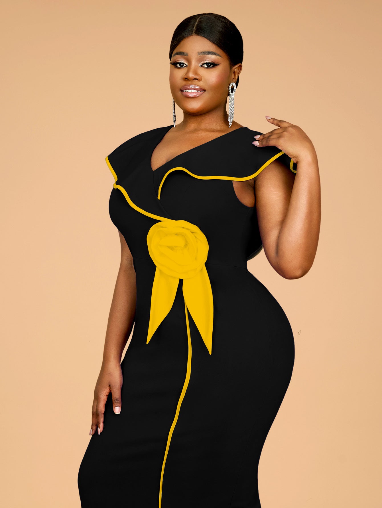 Plus-Size Contrast Flower Ruffle Sleeve Elegant Chic Formal Party Dress 28