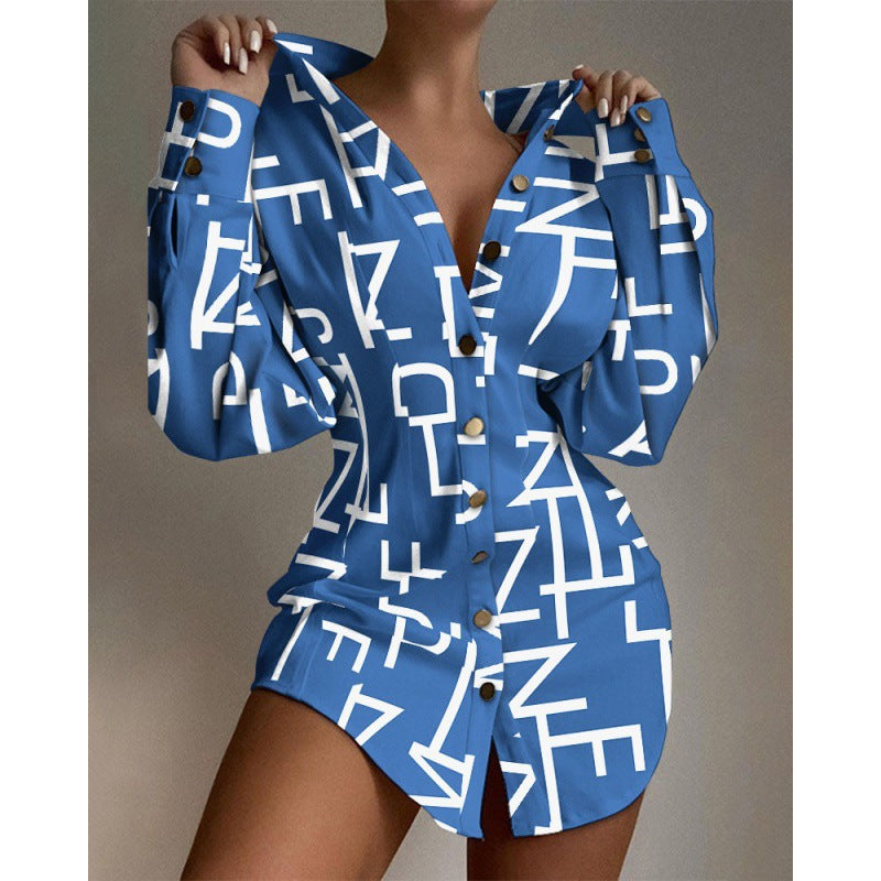 Fall Fashion Print Slim Waist Button Blouse Long Sleeve Shirt 3