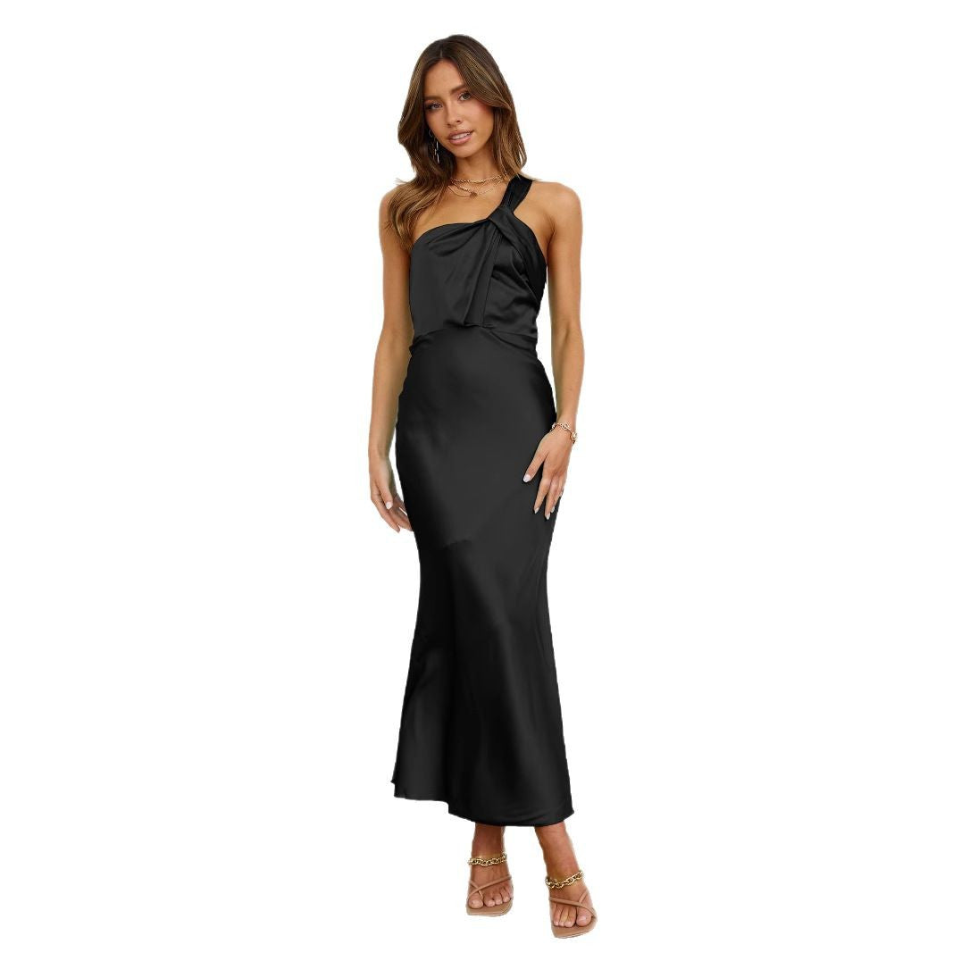 Women's sleeveless one-shoulder long dress satin Formal Party fishtail evening dress 11