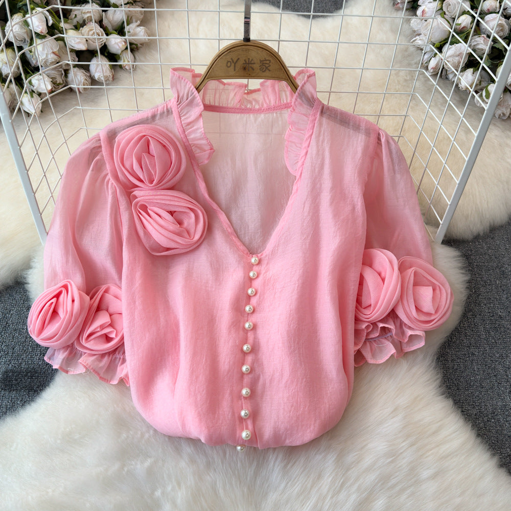 Women French Summer Short Sleeve Flower Mesh Shirt 16