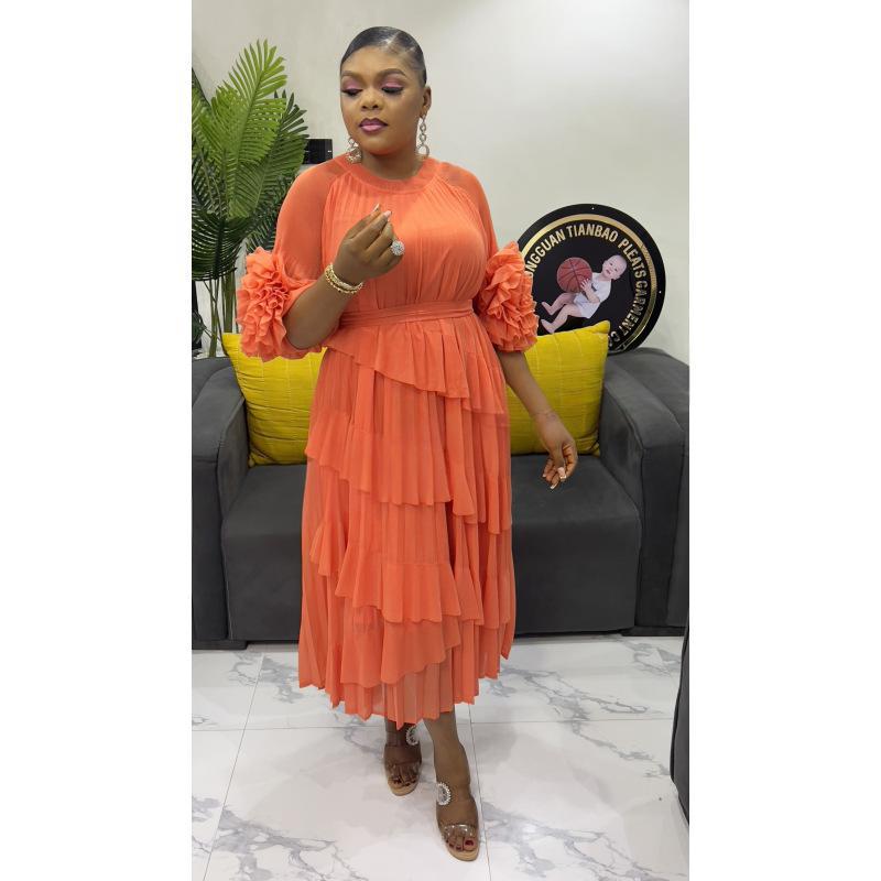 Plus Size African Women pleated Bell Bottom sleeve dress 3