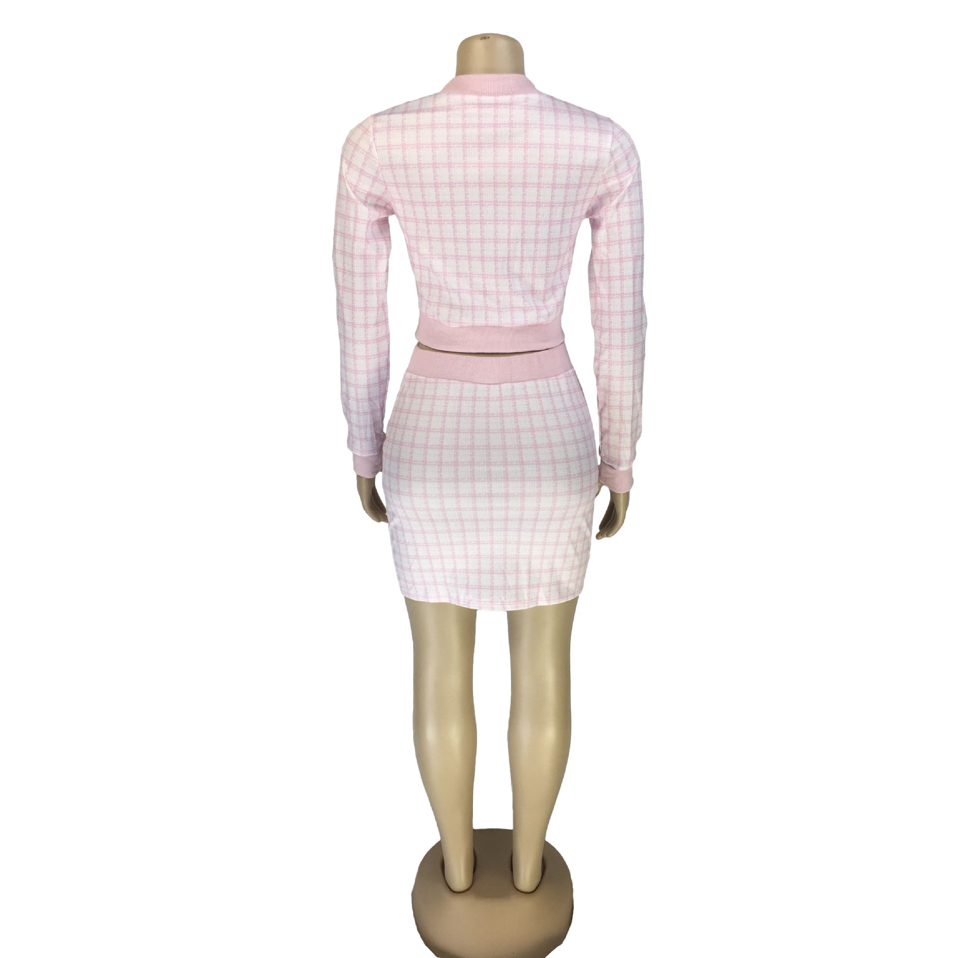 Women Plaid Ribbed Long Sleeve Top and Skirt Two-piece Set 27