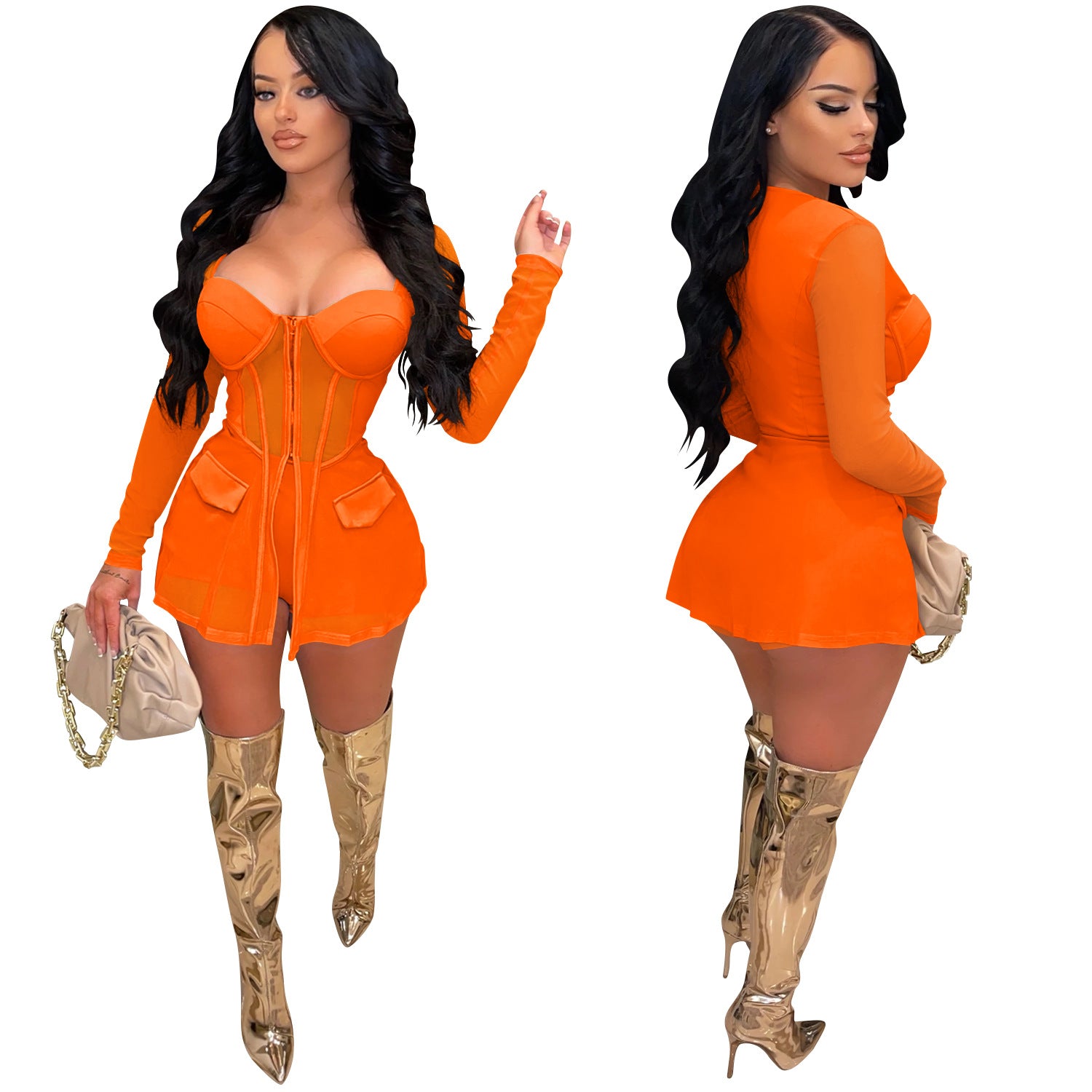 Women Mesh See-Through Long-Sleeved Top and Shorts Two-Piece Set 24