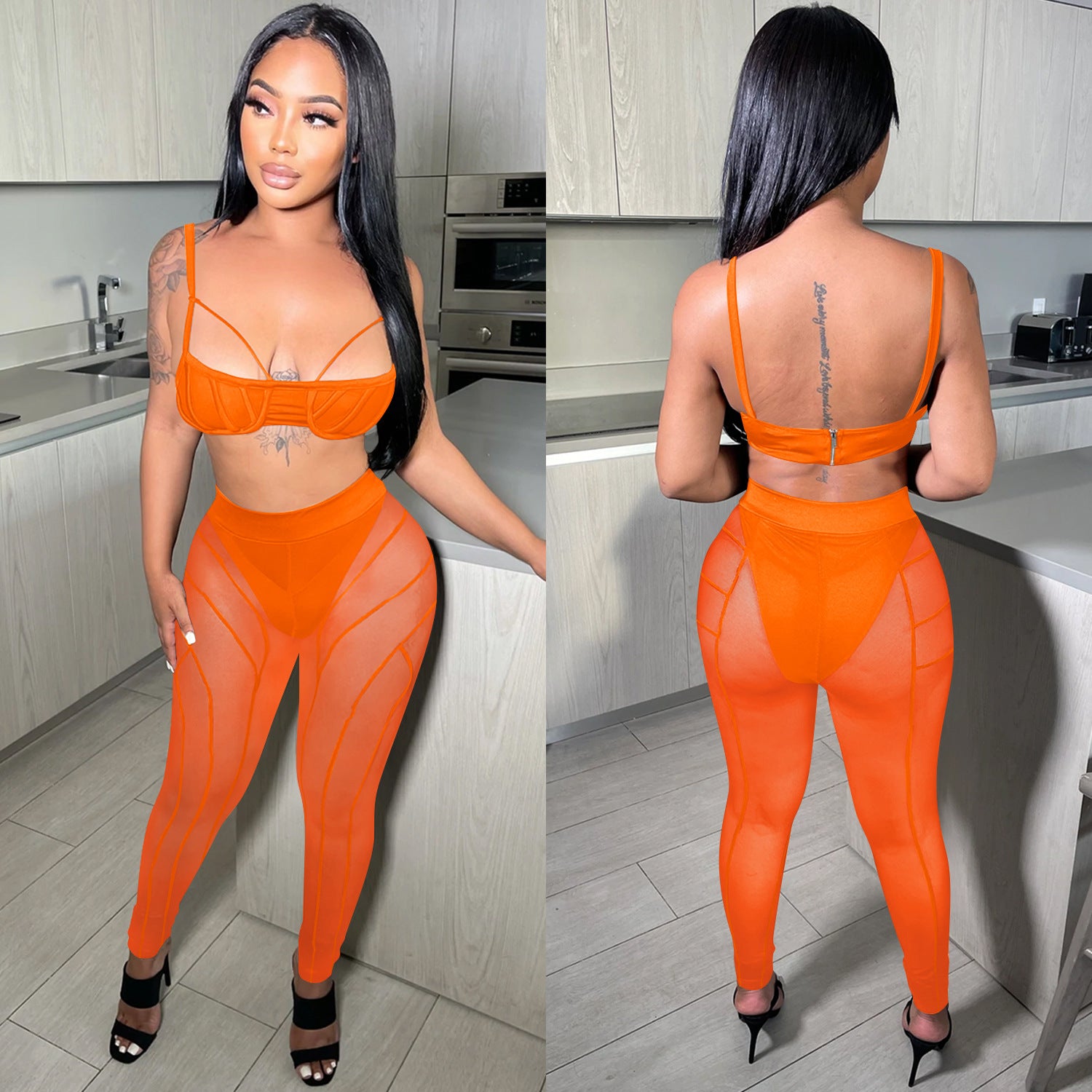 Women sexy bra strap zipper mesh See-Through trousers two-piece set