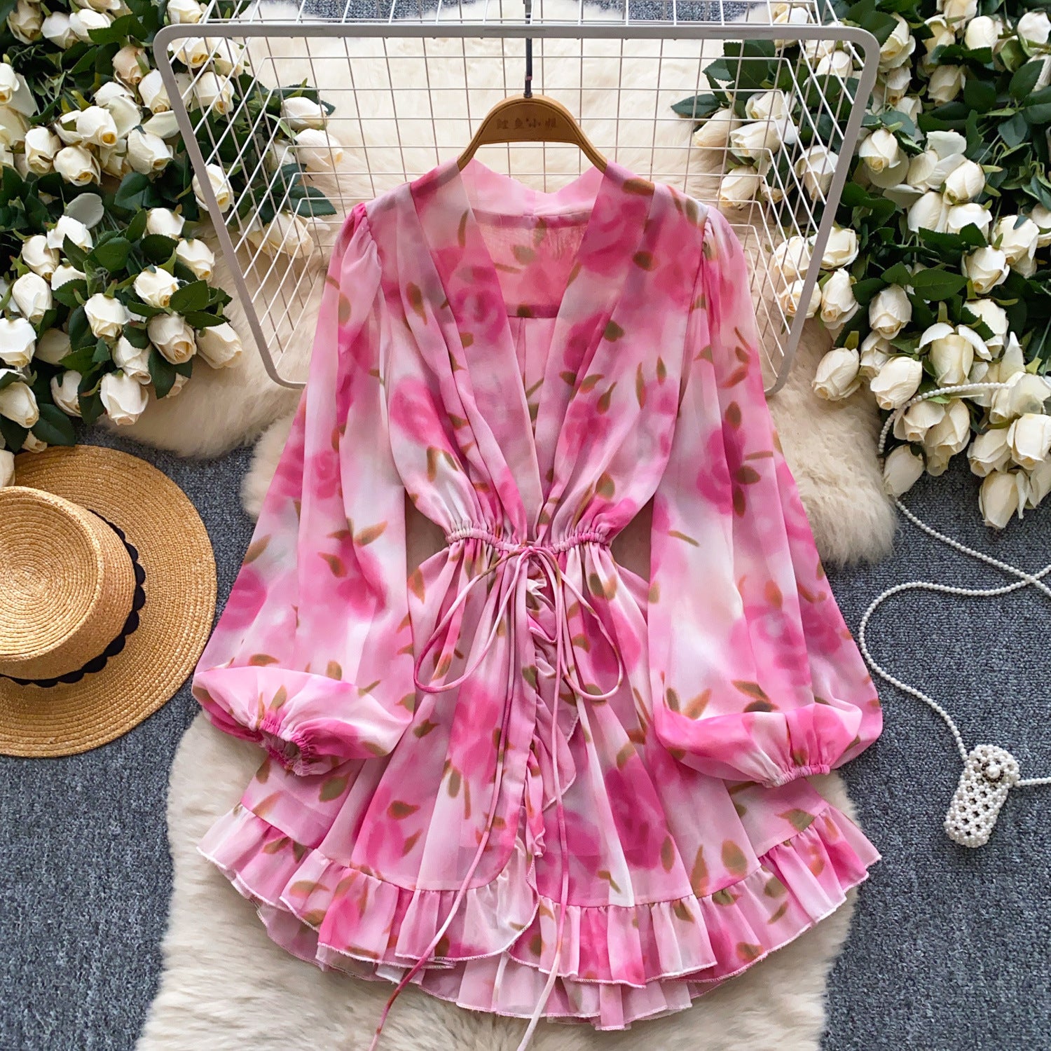 Holidays Style Women's Lace Up Slim Waist V neck Lantern Sleeve Ruffled Floral Short Dress