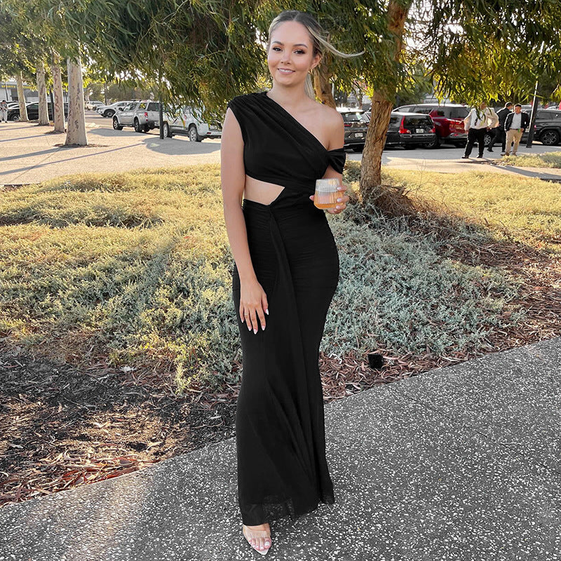 Spring Elegant Solid Color Slash Shoulder Sleeveless Long Dress 4