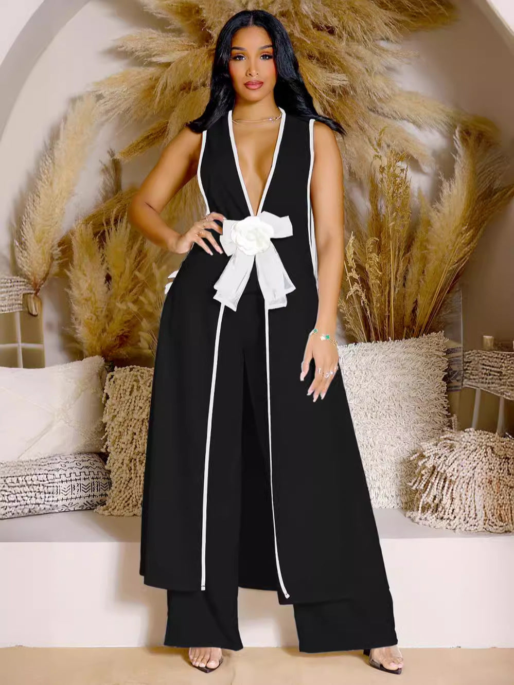 Women Sexy bow sleeveless dress and wide leg pants two-piece set 5