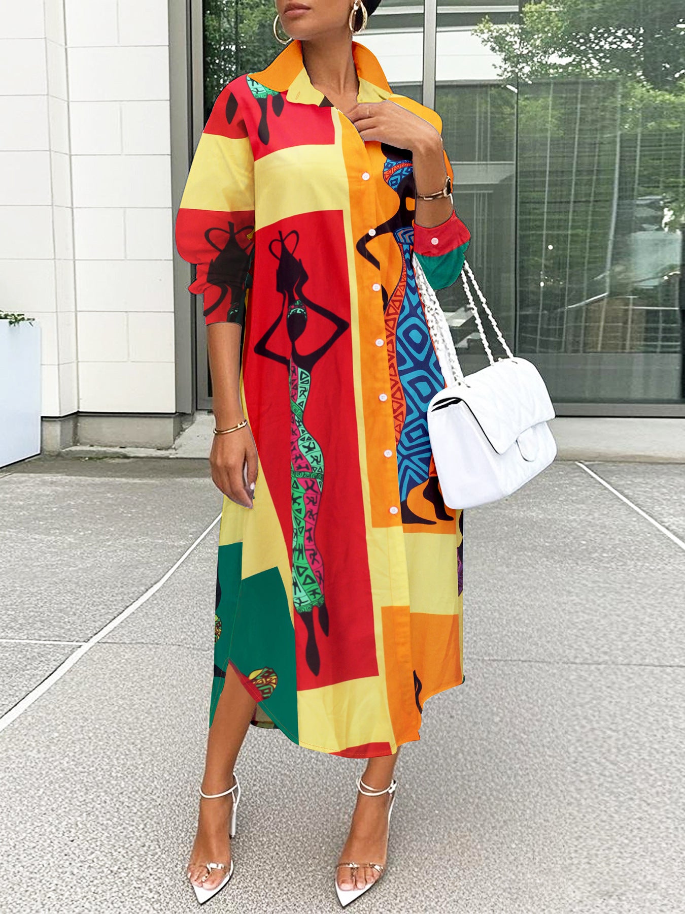 Women's Fashion Elegant Print Turndown Collar Long Sleeve Shirt Dress 3