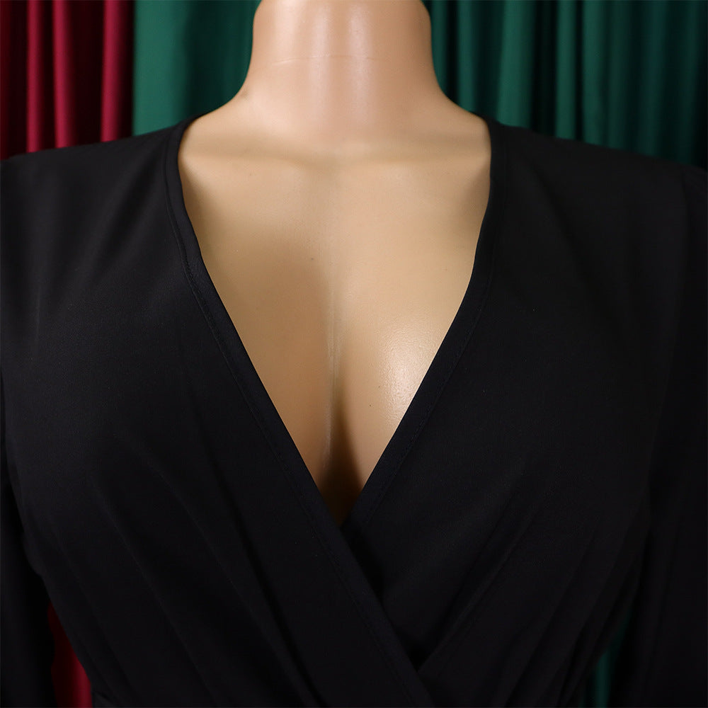 V-Neck Chic Elegant Slim Waist Belted Pleated High Waist Plus Size Dress 35