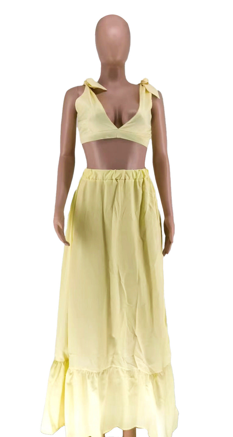 Women's Solid Color V-Neck Lace-Up Tank Top+Slit Long Skirt Two Piece Set 15