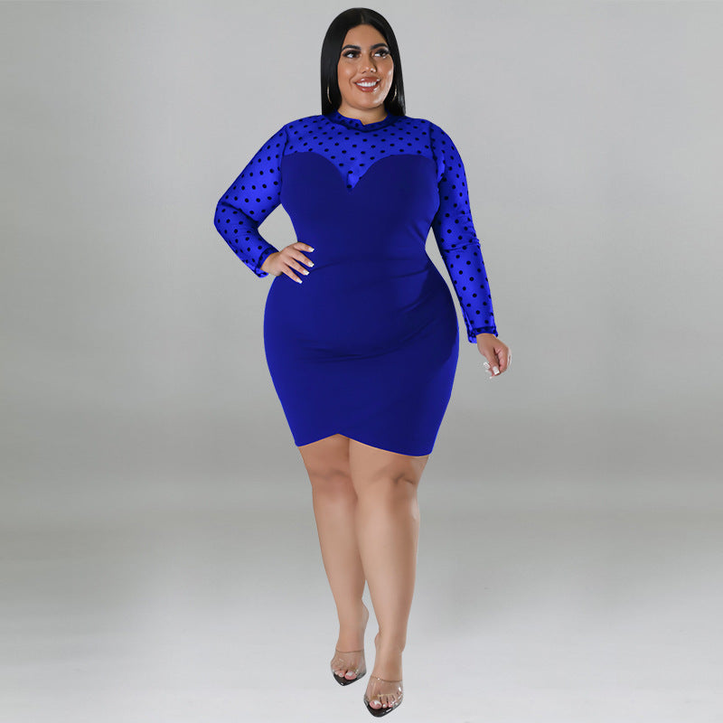 Plus Size Sexy Mesh Patchwork Long Sleeve Bodycon Nightclub Women'S Dress 8