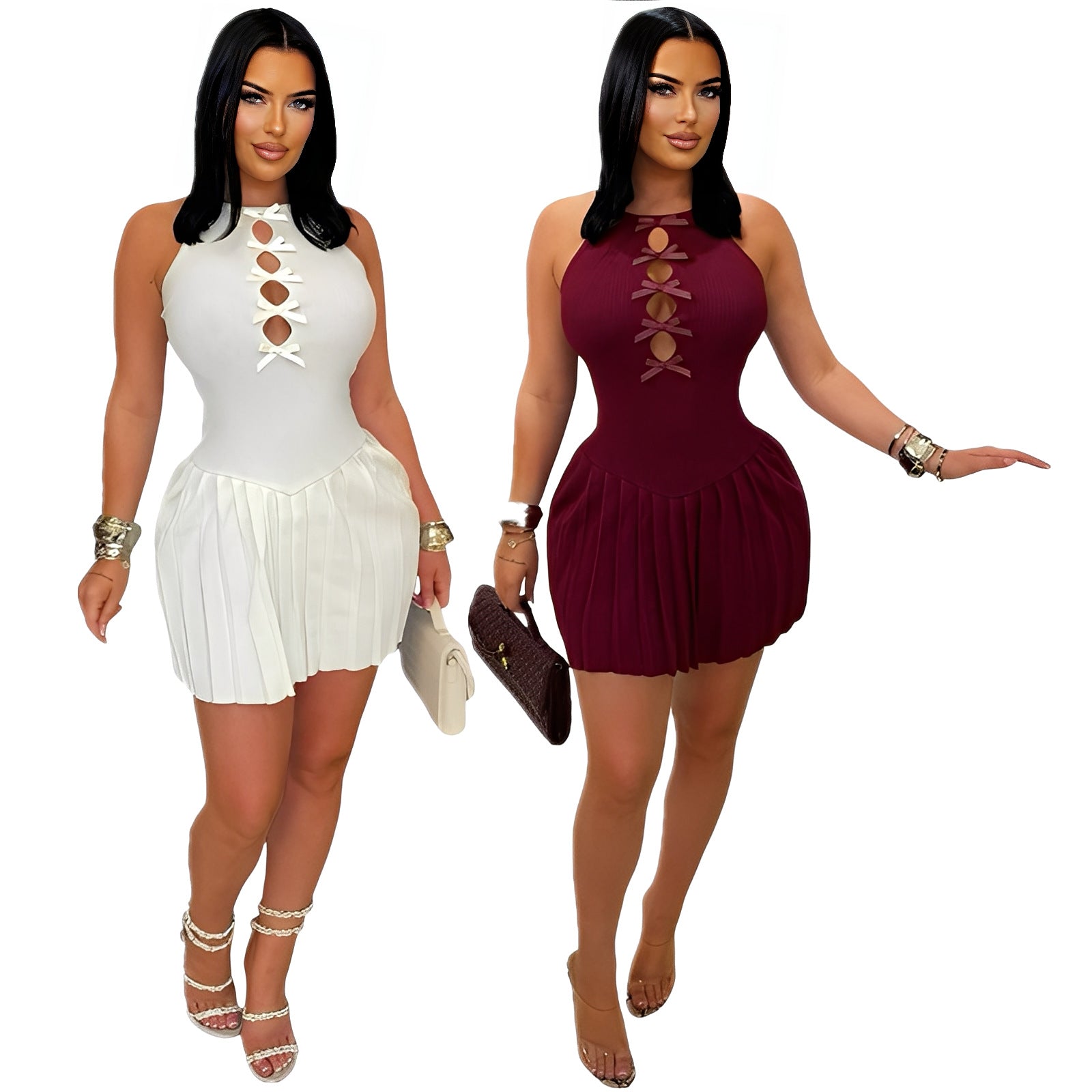 Fashion Women's Slim Fit Sexy Solid Color Ribbed Patchwork Pleated Short Dress 5