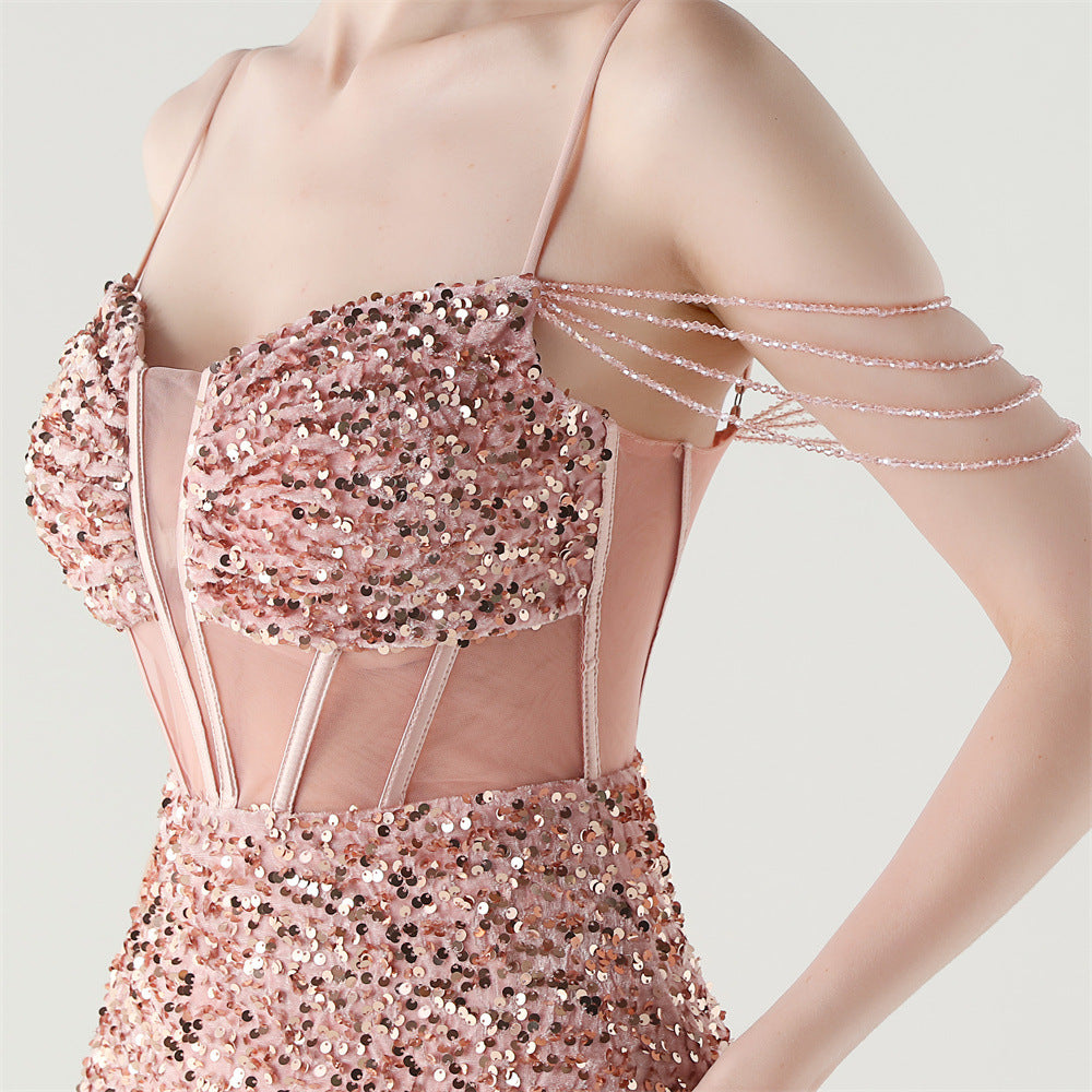 Women herringbone Lace-Up wrapped chest formal Formal Party sequined evening dress 30