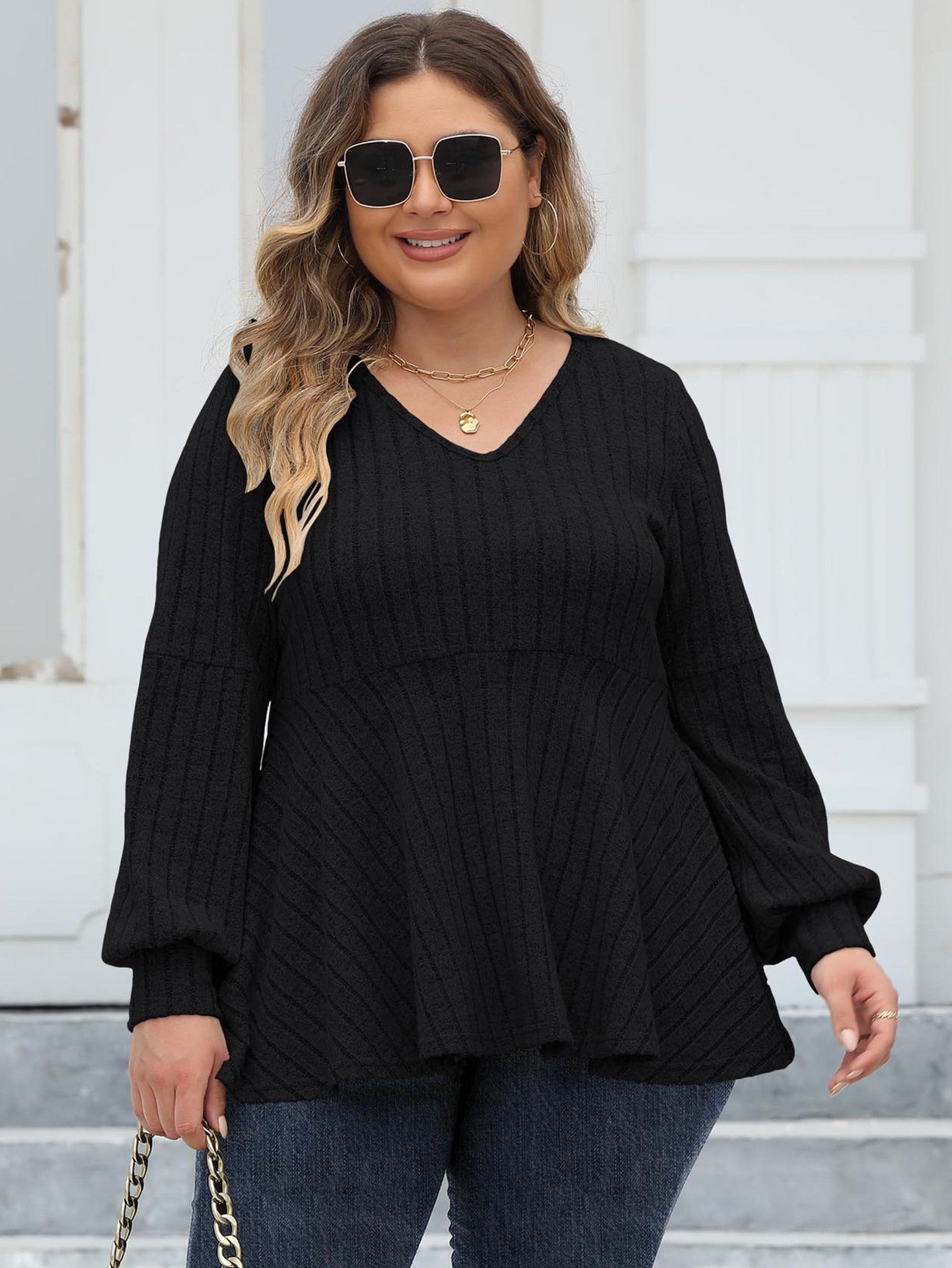 Women's Plus Size Tops Spring And Autumn V-Neck Ribbed Lantern Sleeve T-Shirt Basic Shirt 8